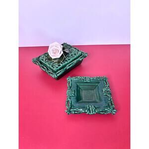 VTG Frazier CA Pottery-Briar Rose Lattice-Square Box w/ Lid-/Bowl/tray